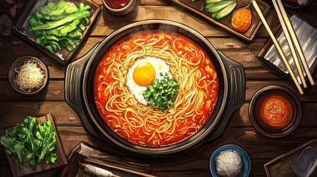 A vibrant bowl of noodles topped with a fried egg and fresh vegetables, served in a warm, inviting ambiance perfect for meal gatherings.の素材