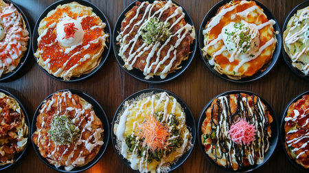 A vibrant spread of colorful plates showcasing various delicious dishes garnished with unique toppings, perfect for food lovers and culinary enthusiasts.の素材