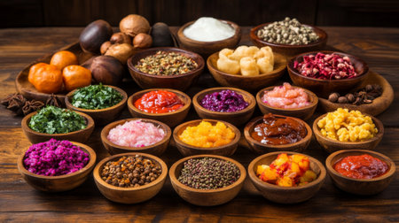 Explore a vibrant arrangement of spices and condiments in wooden bowls, showcasing a variety of colors and textures perfect for culinary creations.の素材