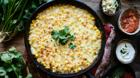 A creamy corn dish baked in a skillet, garnished with fresh cilantro. Surrounded by vibrant ingredients and served with various condiments for a delightful meal.の素材