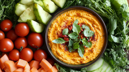 Vibrant presentation of fresh vegetables including cucumbers, tomatoes, and carrots surrounding a creamy dip, perfect for healthy snacking or gatherings.の素材