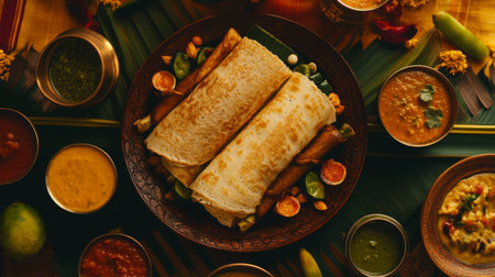 Experience a vibrant South Indian feast with delectable dosas and an array of colorful chutneys, celebrating rich culinary traditions and flavors.の素材