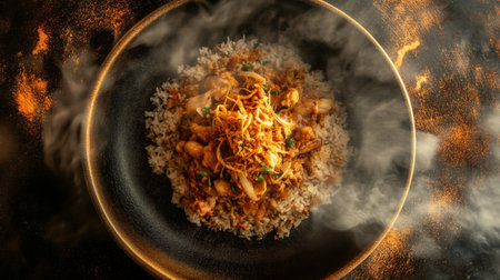 A beautifully presented aromatic rice dish featuring spices and a savory garnish. The steam adds warmth, creating an inviting atmosphere for food lovers.の素材