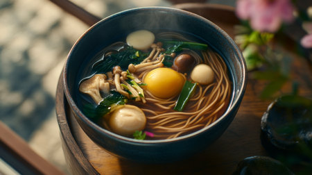 A steaming bowl of homemade noodle soup featuring fresh ingredients, rich broth, and vibrant vegetables, perfect for any meal or occasion.の素材