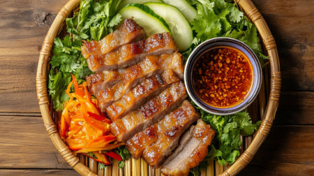 Experience a tantalizing plate of grilled meat served with fresh vegetables and a spicy dipping sauce, perfect for culinary enthusiasts and food lovers.の素材