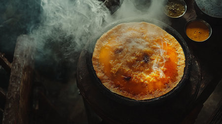 A mouthwatering view of curry bubbling in a traditional pot, surrounded by steam and spices, showcasing the essence of home cooking and rich flavors.の素材