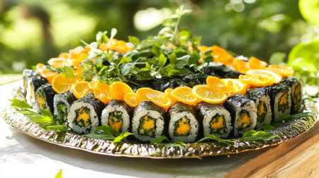 A beautifully arranged sushi platter featuring vibrant rolls with fresh herbs and citrus. Perfect for outdoor gatherings and culinary events.の素材