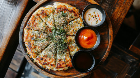A delicious savory pancake garnished with herbs and served with various dipping sauces on a wooden platter, perfect for sharing or enjoying solo.の素材