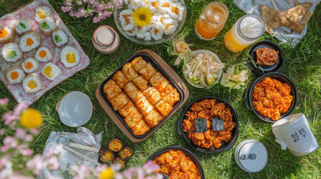 A vibrant picnic spread featuring delicious Korean dishes, sushi, and refreshing drinks on a sunny day. Perfect for gatherings and outdoor enjoyment.の素材