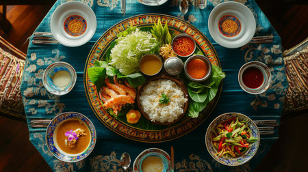 A vibrant and colorful spread of traditional Thai cuisine featuring rice, fresh herbs, shrimp, and various sauces. Perfect for showcasing cultural dining.の素材