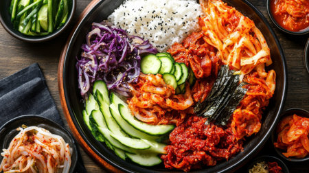 A vibrant bowl of Korean bibimbap featuring rice, fresh vegetables, and spicy sauce, beautifully arranged for a visually appealing meal experience.の素材