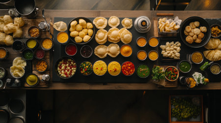 A beautifully arranged spread of vibrant Indian dishes and sauces on a wooden table, showcasing an array of colors and flavors perfect for a festive meal.の素材