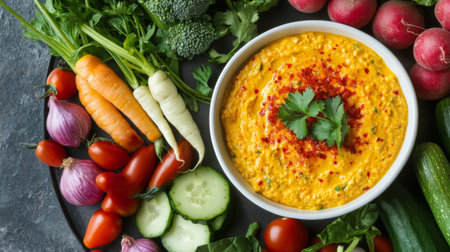 A vibrant platter showcasing fresh vegetables surrounding a creamy dip. Ideal for healthy snacking or party appetizers, this colorful arrangement delights the senses.の素材