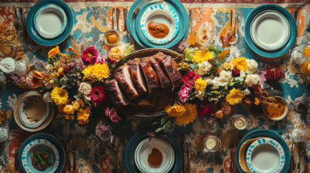 A vibrant table setting featuring a delicious roast meat centerpiece surrounded by colorful flowers, creating a festive and warm dining atmosphere.の素材