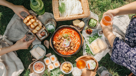 Enjoy a vibrant picnic scene featuring a variety of delicious Asian dishes, including noodles, snacks, and refreshing drinks, perfect for sharing outdoors.の素材