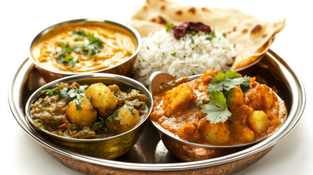 A vibrant Indian cuisine platter featuring various curries, fragrant rice, and soft bread. Ideal for showcasing delicious, traditional meals and culinary artistry.の素材