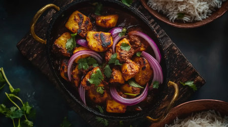 A vibrant spicy paneer dish served with rice, garnished with fresh herbs and onions. Perfect for a hearty vegetarian meal or a dinner gathering.の素材