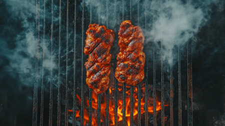 Juicy meat sizzling on a grill creates a smoky aroma and fiery backdrop. Perfect for showcasing outdoor cooking and delicious barbecue meals.の素材