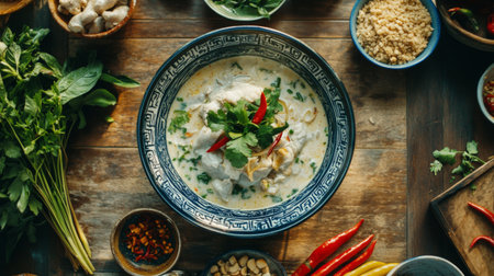 A vibrant Asian dish featuring chicken in a coconut sauce, surrounded by fresh herbs and spices. Perfect for showcasing culinary delights and ingredients.の素材