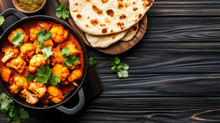 A vibrant cauliflower curry garnished with fresh herbs, served with soft flatbread on a wooden table. Perfect for a nutritious meal, showcasing rich colors and textures.の素材