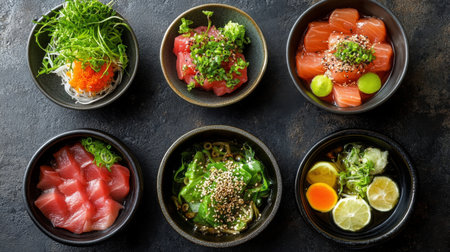 A vibrant assortment of fresh sushi and sashimi served in elegant bowls, showcasing the art of Japanese cuisine with colorful garnishes and natural ingredients.の素材