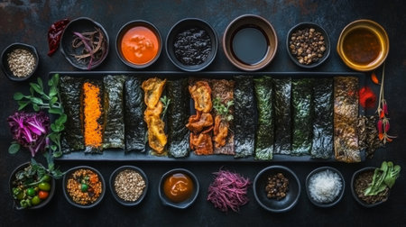 A vibrant assortment of sushi rolls arranged on a sleek platter, showcasing various ingredients and sauces. Perfect for culinary enthusiasts and food photography.の素材