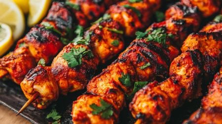 Juicy grilled chicken skewers flavored with vibrant herbs and zesty lemon. Perfect for summer barbecues, picnics, or a flavorful dinner option.の素材