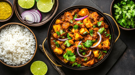 A vibrant curry dish served with fluffy rice, garnished with fresh herbs and lime slices. Perfect for showcasing delicious vegetarian cuisine.の素材
