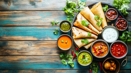 Discover a vibrant array of Indian dishes served on a rustic wooden table. This assortment showcases delicious curries, chutneys, and crispy dosa, perfect for a flavorful meal.の素材