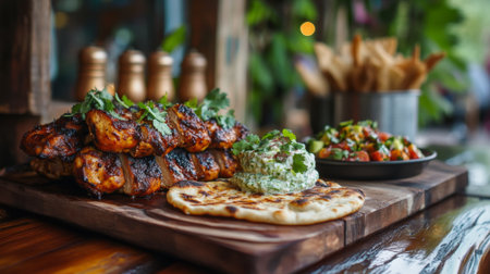 A mouthwatering display of grilled chicken served with vibrant sides on a rustic wooden platter, perfect for outdoor gatherings and gourmet dining.の素材