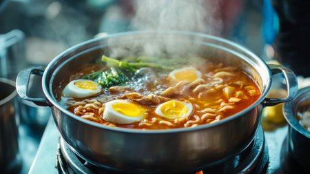 A steaming pot of flavorful soup featuring soft-boiled eggs and fresh greens. Perfect for a comforting meal that warms the soul. Ideal for food lovers!の素材
