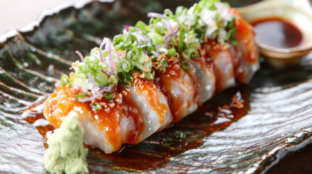 A delicious sushi roll served on a decorative plate, garnished with fresh herbs and a drizzle of sauce, accompanied by wasabi for an exquisite dining experience.の素材