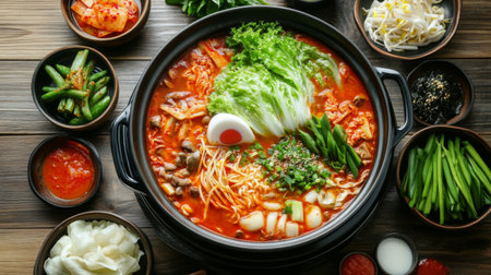 A vibrant Korean hot pot featuring fresh vegetables, ramen, and a soft egg, perfect for sharing. Ideal for warm meals and culinary adventures.の素材