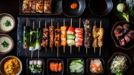 Vibrant arrangement of Japanese dishes featuring sushi, skewers, and fresh vegetables on a slate platter, perfect for culinary enthusiasts and food photography.の素材