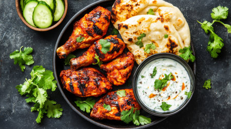 A vibrant platter featuring grilled chicken pieces, soft naan bread, refreshing cucumber slices, and a rich yogurt sauce, perfect for a delicious meal.の素材