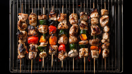 Juicy grilled chicken skewers accompanied by vibrant vegetables. Perfect for outdoor gatherings, summer barbecues, and delightful meals with friends.の素材