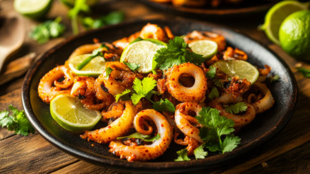A mouthwatering dish of spicy grilled squid garnished with fresh lime and herbs, perfect for sharing at gatherings or enjoying as a flavorful meal.の素材