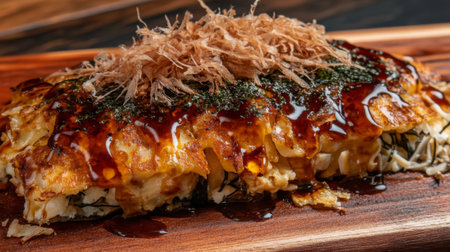 Enjoy a beautifully presented okonomiyaki dish topped with savory ingredients and sauces, showcasing the rich and vibrant flavors of Japanese cuisine.の素材