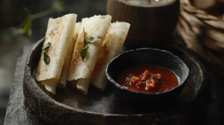 Enjoy a mouthwatering presentation of dosa served with spicy chutney. This colorful dish highlights the beauty of traditional Indian cuisine.の素材