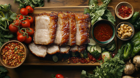 A beautifully arranged platter featuring grilled pork alongside fresh vegetables and vibrant herbs, perfect for culinary inspiration and delicious gatherings.の素材