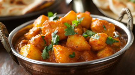 A vibrant potato curry served in a traditional bowl, garnished with fresh herbs. Perfect for showcasing vegetarian dishes and flavorful cuisine.の素材