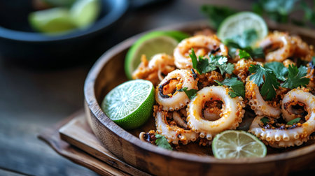 A beautiful dish of grilled octopus garnished with fresh lime and herbs, perfect for seafood lovers. This vibrant presentation is ideal for a gourmet meal.の素材