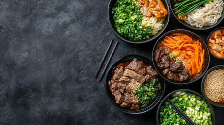 A vibrant display of assorted Asian dishes in bowls, featuring beef, chicken, and fresh vegetables, perfect for a colorful and appetizing meal.の素材