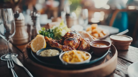 A beautifully arranged plate of grilled chicken with fresh sides of salad, lemon, and sauces. Perfect for showcasing delicious dining experiences.の素材