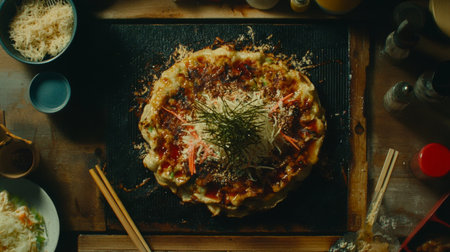 A beautifully arranged okonomiyaki showcasing vibrant toppings, sauces, and garnishes on a wooden table, inviting a delightful culinary experience.の素材