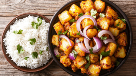 A vibrant dish of spiced potatoes served with fluffy rice, garnished with fresh herbs and onions. Perfect for a cozy meal at home.の素材