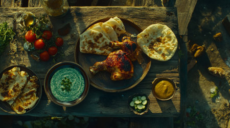 A delicious chicken meal served on a rustic wooden table, featuring fresh vegetables, aromatic herbs, and flatbread, perfect for outdoor dining.の素材