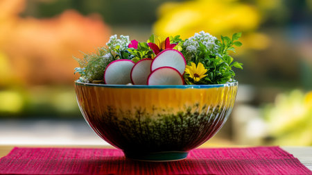A charming arrangement of fresh radishes and colorful flowers in a beautifully patterned bowl, showcasing the beauty of nature and vibrant colors. Ideal for food and decor themes.の素材