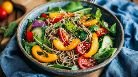 Delight in this vibrant vegetable salad featuring fresh soba noodles, colorful peppers, and tomatoes, perfect for a healthy meal or side dish.の素材