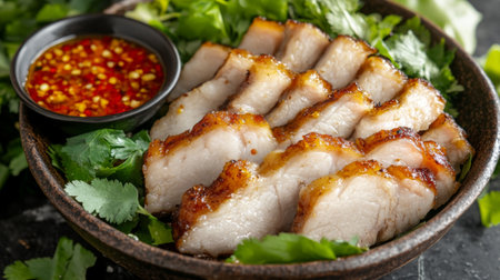 A beautifully plated dish of grilled pork, garnished with fresh herbs and served with a rich dipping sauce, perfect for any culinary occasion.の素材